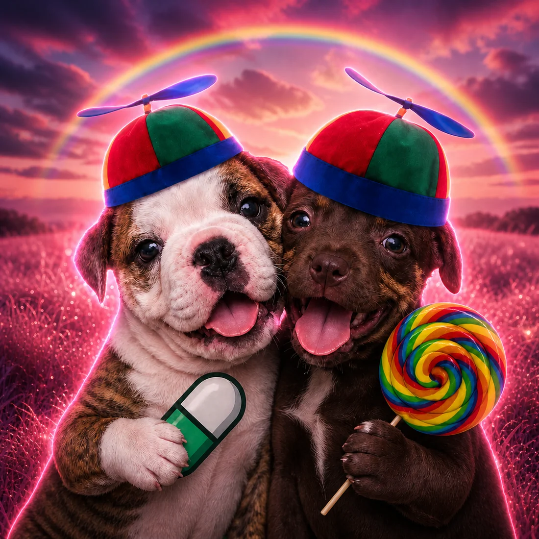 Two puppies in propeller hats cheek to cheek, one holding a green pill, the other a rainbow lollipop, under a pink sunset