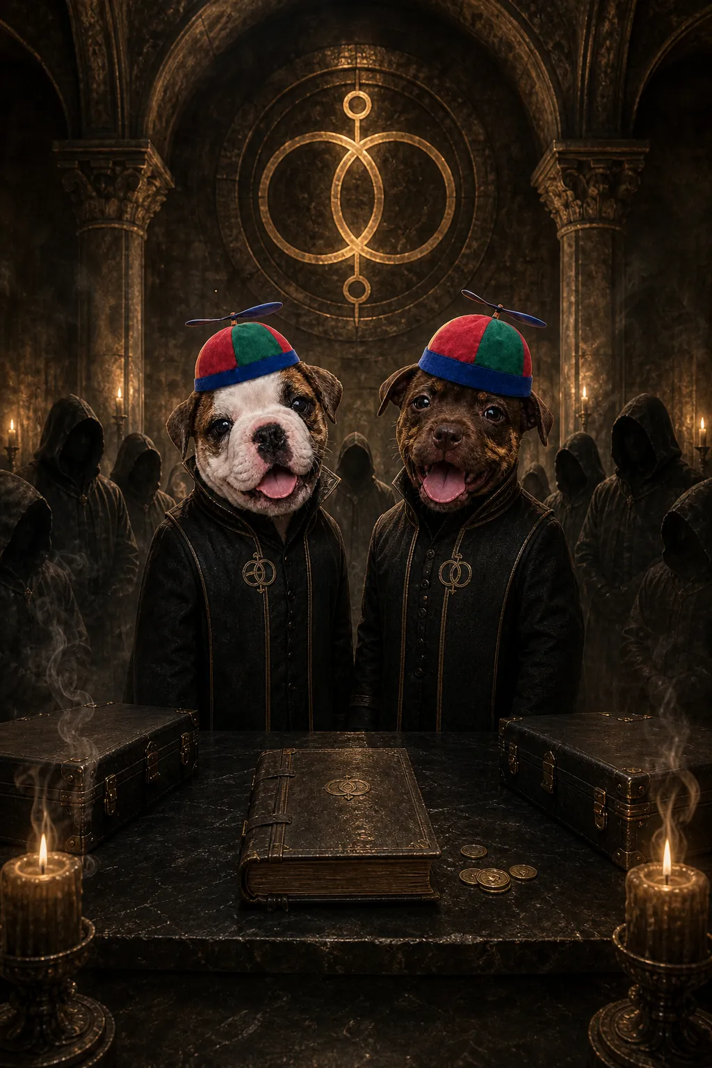 The two Bobs in black robes before an altar with a book and candles, hooded figures behind them and a glowing symbol above