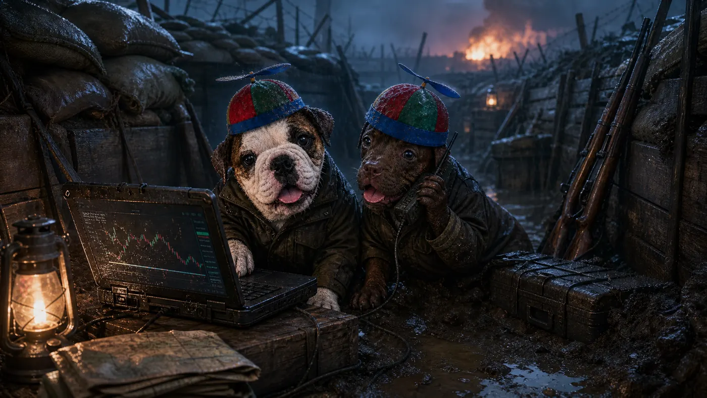 The two Bobs in raincoats in a muddy trench, one reading a chart on a laptop, the other on a field radio