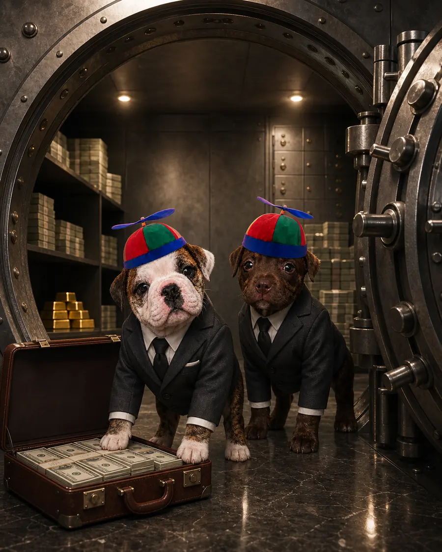 The two Bobs in suits and ties inside an open bank vault with a briefcase of cash
