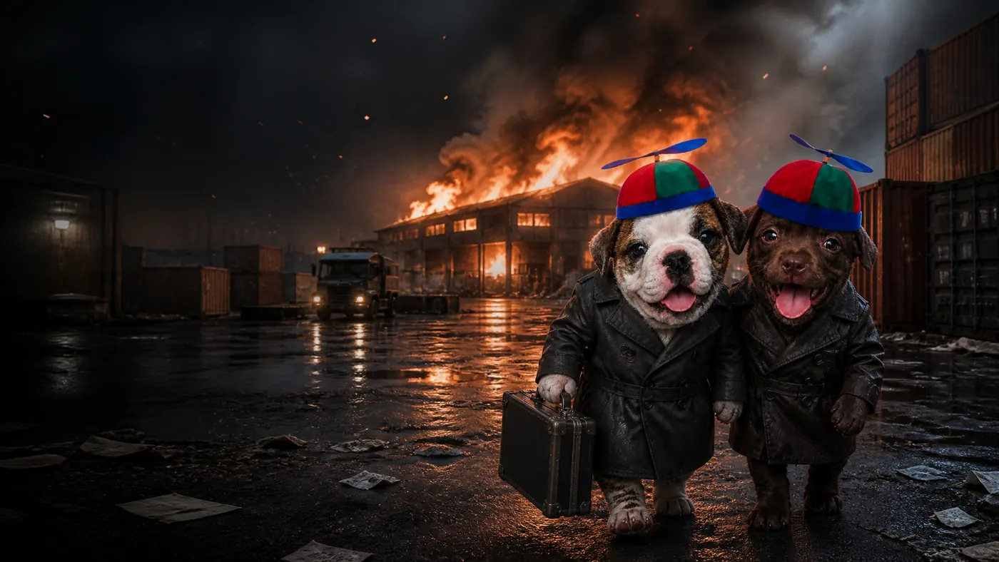 The two Bobs in trench coats walking away from a burning warehouse with a briefcase
